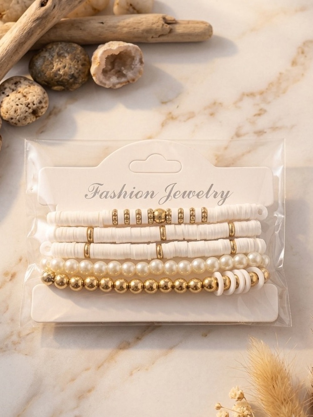 Fashion Jewelry White and Gold Stackable Bracelet Set - Beads & Faux Pearls